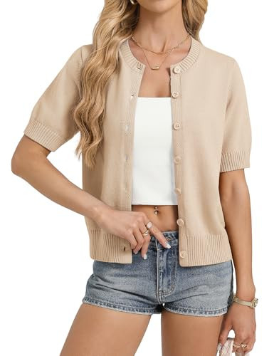 GRACE KARIN Short Sleeve Cardigans for Women, Lightweight Summer Cardigan, Casual Crew Neck Button Down Sweater Top Khaki | Amazon (US)