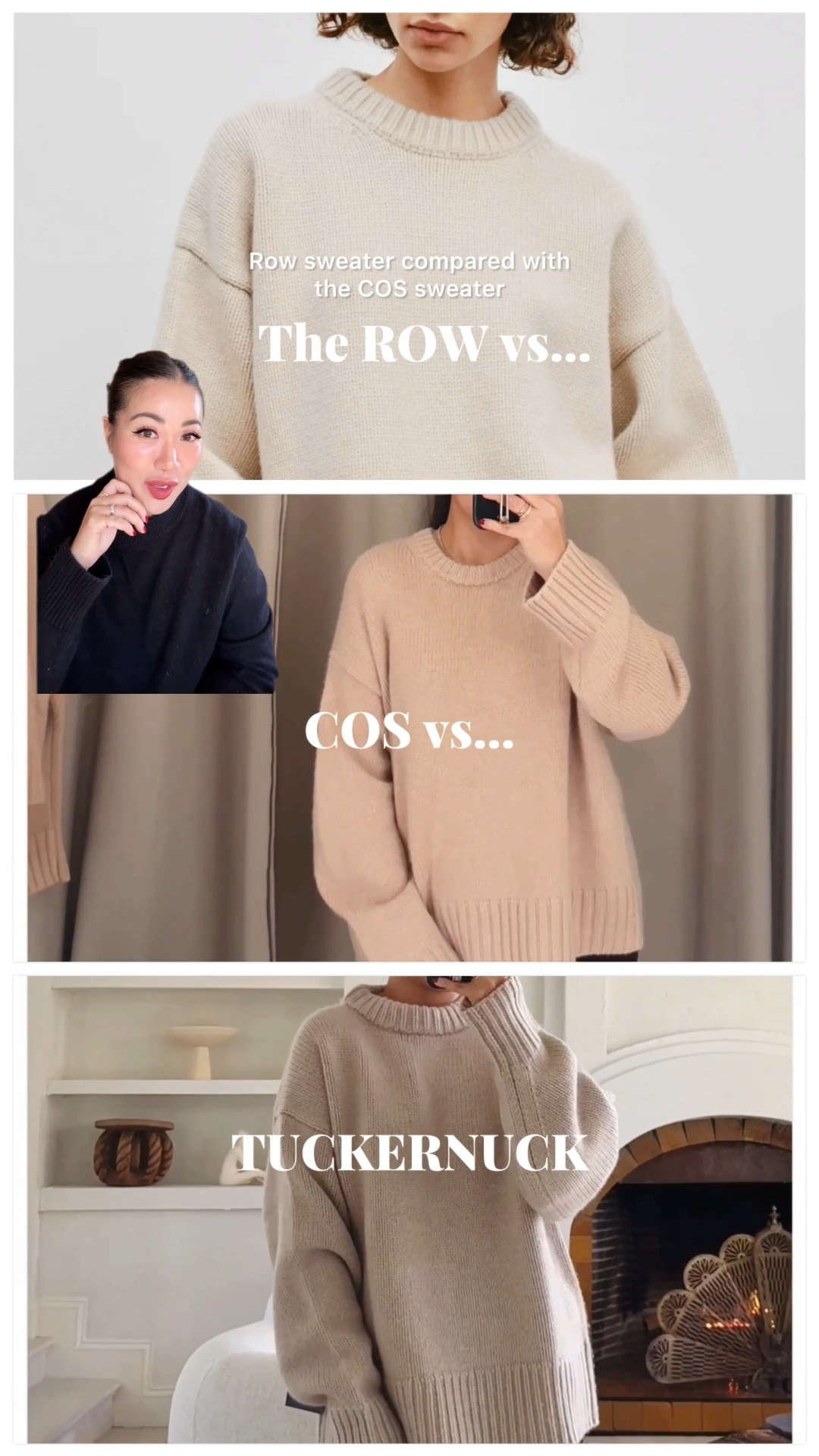 Also worth noting - The Row is 65% Wool & 35% Cashmere, the COS sweater is 100% cashmere, and the Tuckernuck sweater is exactly like The Row with 65% Wool & 35% Cashmere. I LOVE the weight and structure of the Tuckernuck sweater. I find that it’s the closest alternative and less expensive option to the Row sweater. 

TUCKERNUCK sweater: I’m wearing an XS. Perfect oversized fit. Great when worn out or tucked in. See in-depth review in video.

COS sweater: I’m wearing an XS. Great fit on my frame. A softer, more relaxed look with less structure compared to the Tuckernuck sweater. Also easy to wear out or tucked in. See in-depth review in video.

* For size reference, I’m 5 ft 115 pounds, petite with postpartum tummy.

#LTKPetite #LTKStyleTip