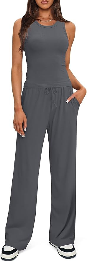 Darong Women's 2 Piece Lounge Sets Sleeveless Tank Tops Wide Leg Pants Sets Tracksuits Matching O... | Amazon (US)