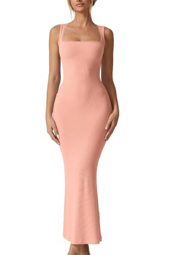 QINSEN Women's Basic Summer Sexy Lounge Tank Long Dress Elegant Sleeveless Square Neck Bodycon Maxi Bodycon Dresses Amber Yellow L | Amazon (US)