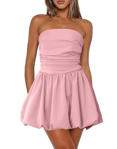 MTGGD Women's Strapless Bubble Mini Dress Tube Top Ruched Bow Tie Back Party Cocktail Dresses Pink Medium | Amazon (US)