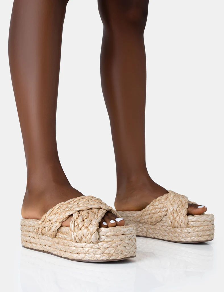 Kos Natural Raffia Cross Over Strap Slip On Flatform Sandals | Public Desire (US & CA)