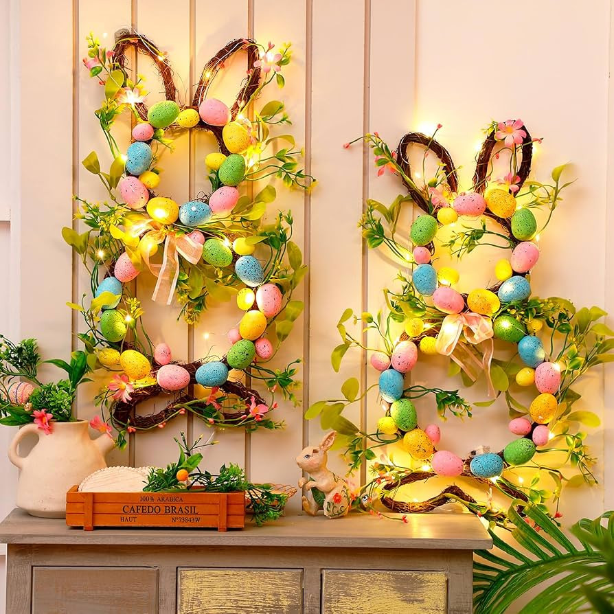 Hotop 2 Pcs Easter Bunny Spring Wreath with 20 LED Lights 23.6'' Easter Rabbit Door Wreath with B... | Amazon (US)
