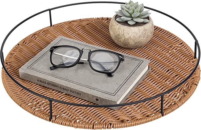 MyGift 15 Inch Round Brown Woven Rattan Tray with Metal Frame Handles | Amazon (US)