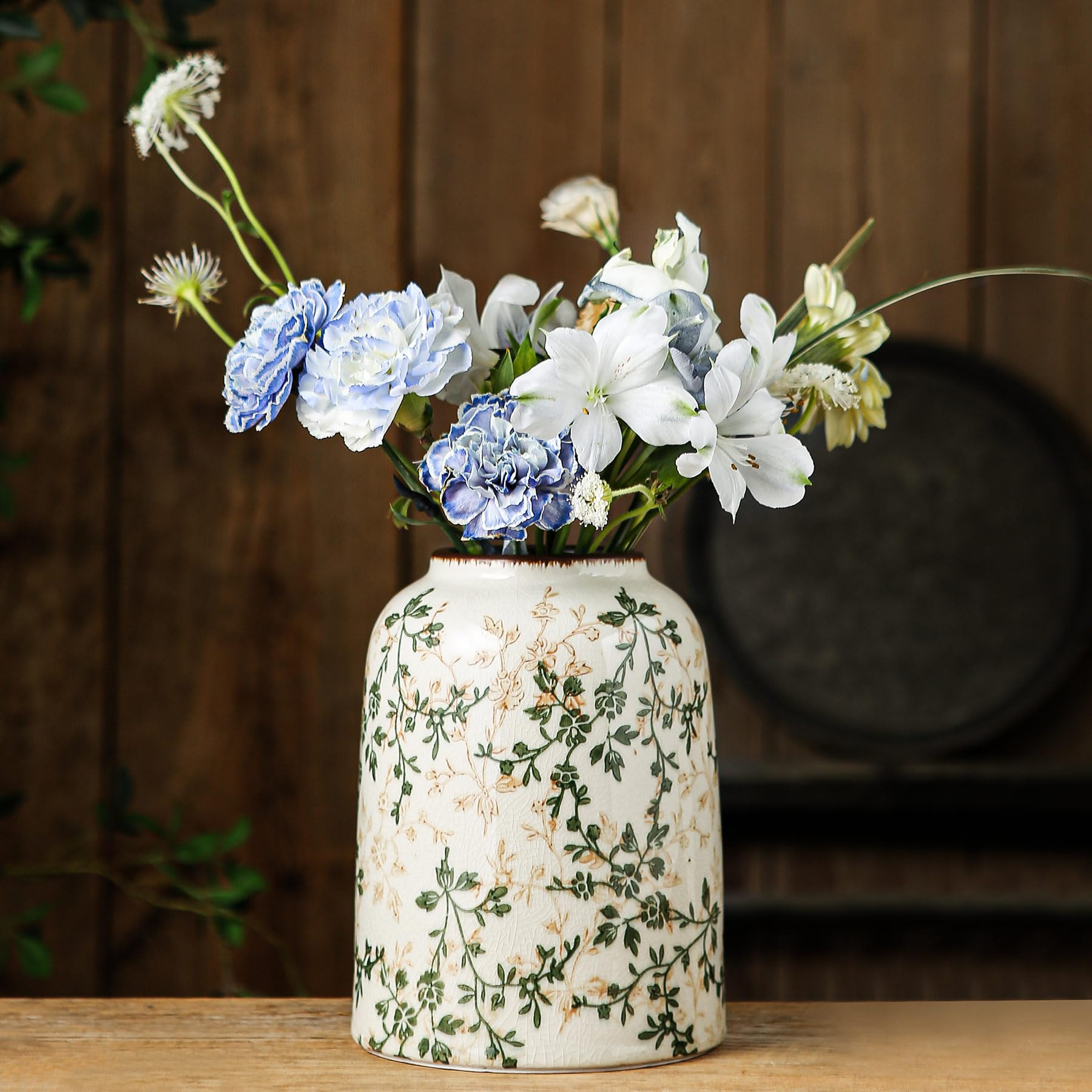 Green Vintage Vase, Chinoiserie Floral Vases, Retro Ice Cracked Ceramic Large Vases for Home Deco... | Amazon (US)