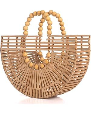 Womens Bamboo Handbags with Wooden Beads Tote Bag, Handmade Straw Bag for Summer Beach | Amazon (US)