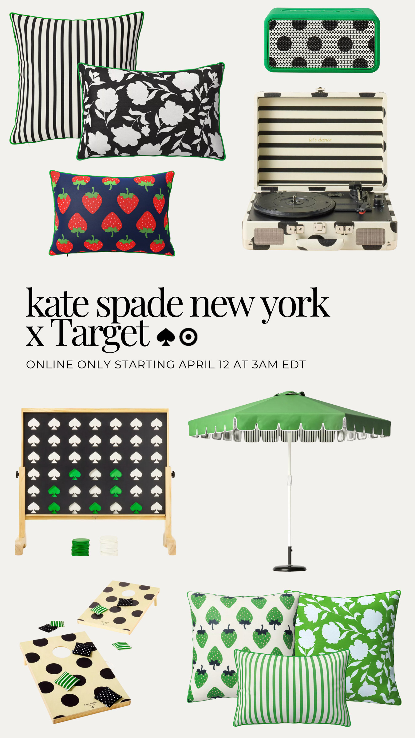 Kate Spade New York is coming to Target! ♠️ 🎯 This online-only drop goes live April 12 at 3am EDT—so set your alarms or save this post to be ready! 

home decor, outdoor patio, outdoor dining, outdoor pillows, record player, outdoor games, beverage cart, napkins, serving tray

 

 #LTKHome #LTKSaleAlert #LTKFindsUnder100