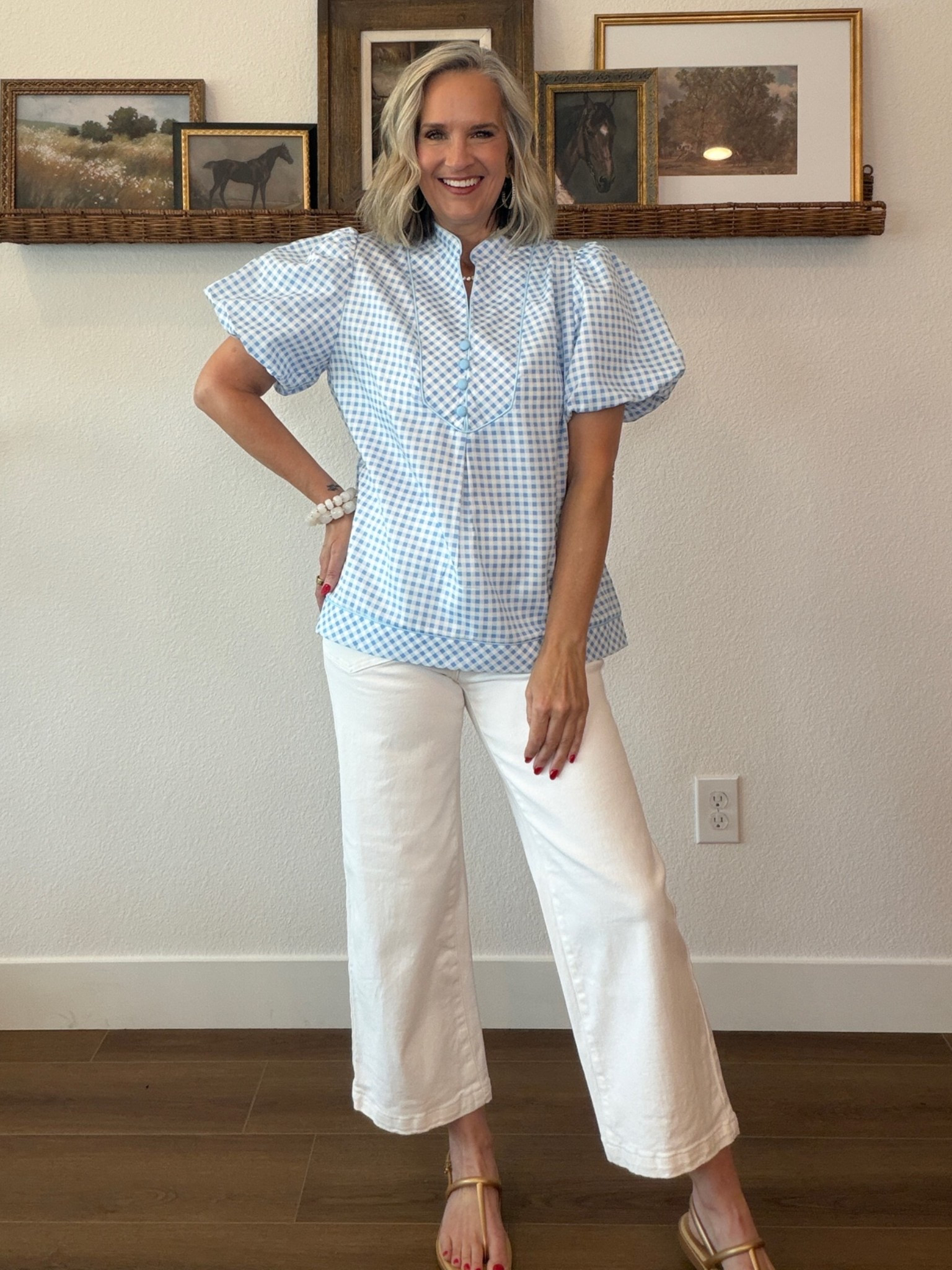 Influenced! Love this gingham top from Amazon. Wearing a small 

Over 50, white denim, Crocs sandals, Amazon, casual chic, midlife top, puff sleeve, no tuck top, elevated casual

#LTKootd #LTKOver40 #LTKstorytime