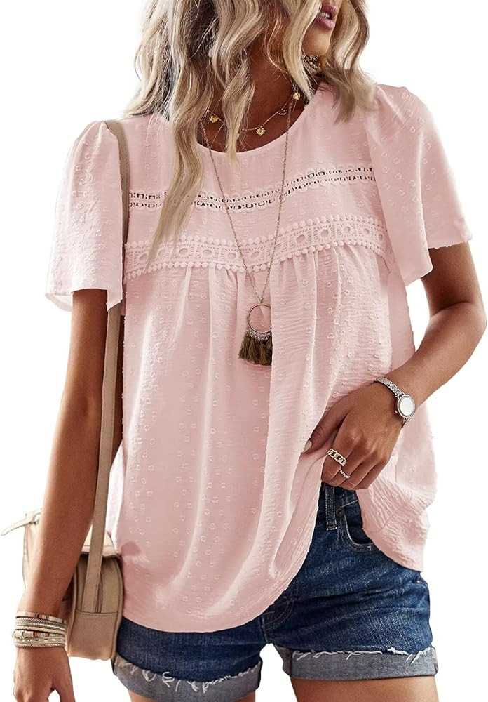 Womens Summer Tops Crewneck Short Sleeve Shirts Casual Chiffon Blouses Flowy Lace Hem Boho Clothi... | Amazon (US)