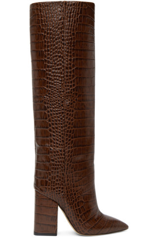 Brown Croc Block Heel Boots | SSENSE