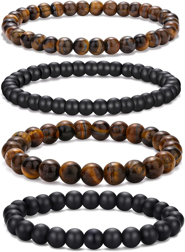 RANKEEF Mens Bead Bracelet Adjustable Elastic Rope Mens Bracelet Set 6&8MM Natural Stone Beads Mu... | Amazon (US)