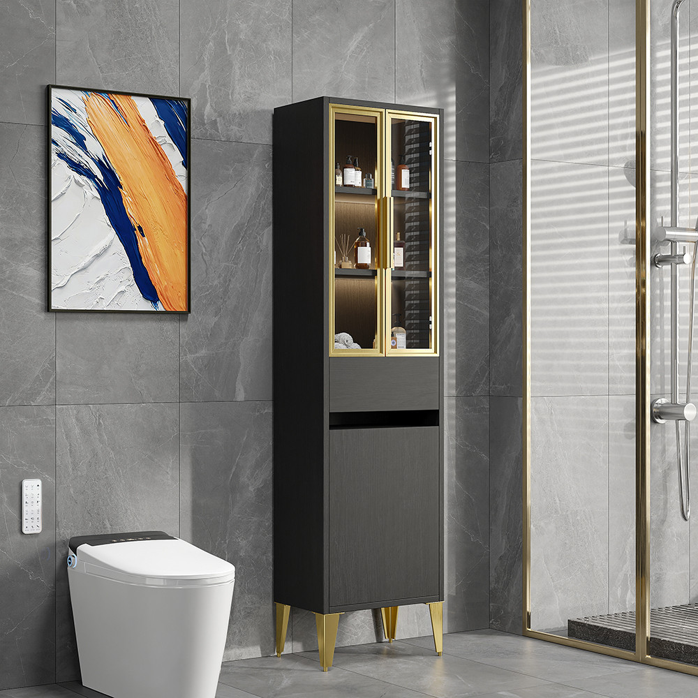 Freestanding Bathroom Storage Cabinet with LED Lighted in Black & Gold | Homary