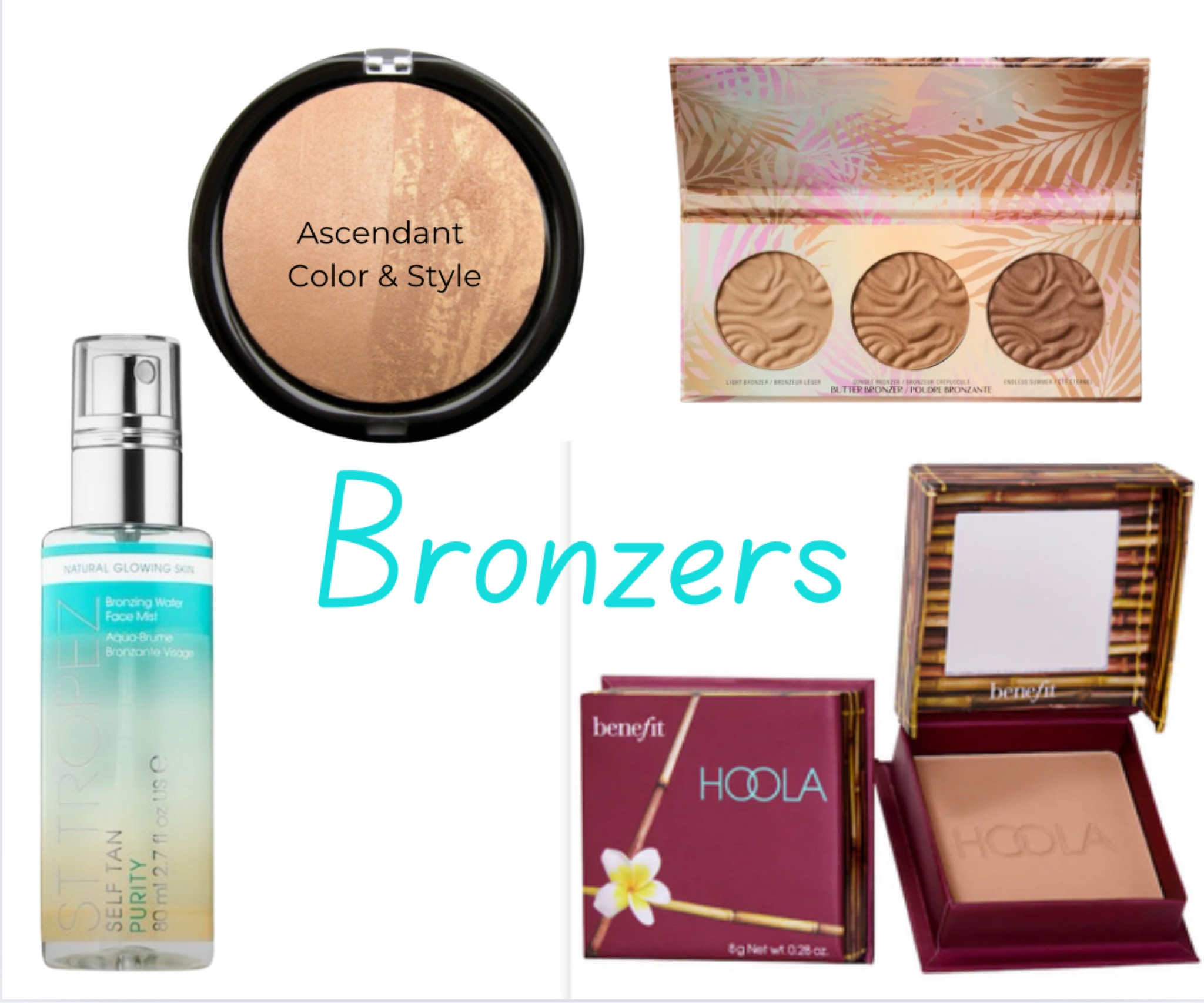 Bronzer favorites! 

1. Neutral bronzer from Ascendant Color and Style or Betsy With a B for all seasons 
2. Physicians formula for warm seasons - I use the light a medium most often. I use the dark for eyeshadow or eyeliner.
3. Hoola is always a Fan favorite
4. Tanning mist is a must have for me in the summer to fake the tan

#hocspring #hocautumn #hocsummer #hocwinter

#LTKBeauty #LTKSummerSales