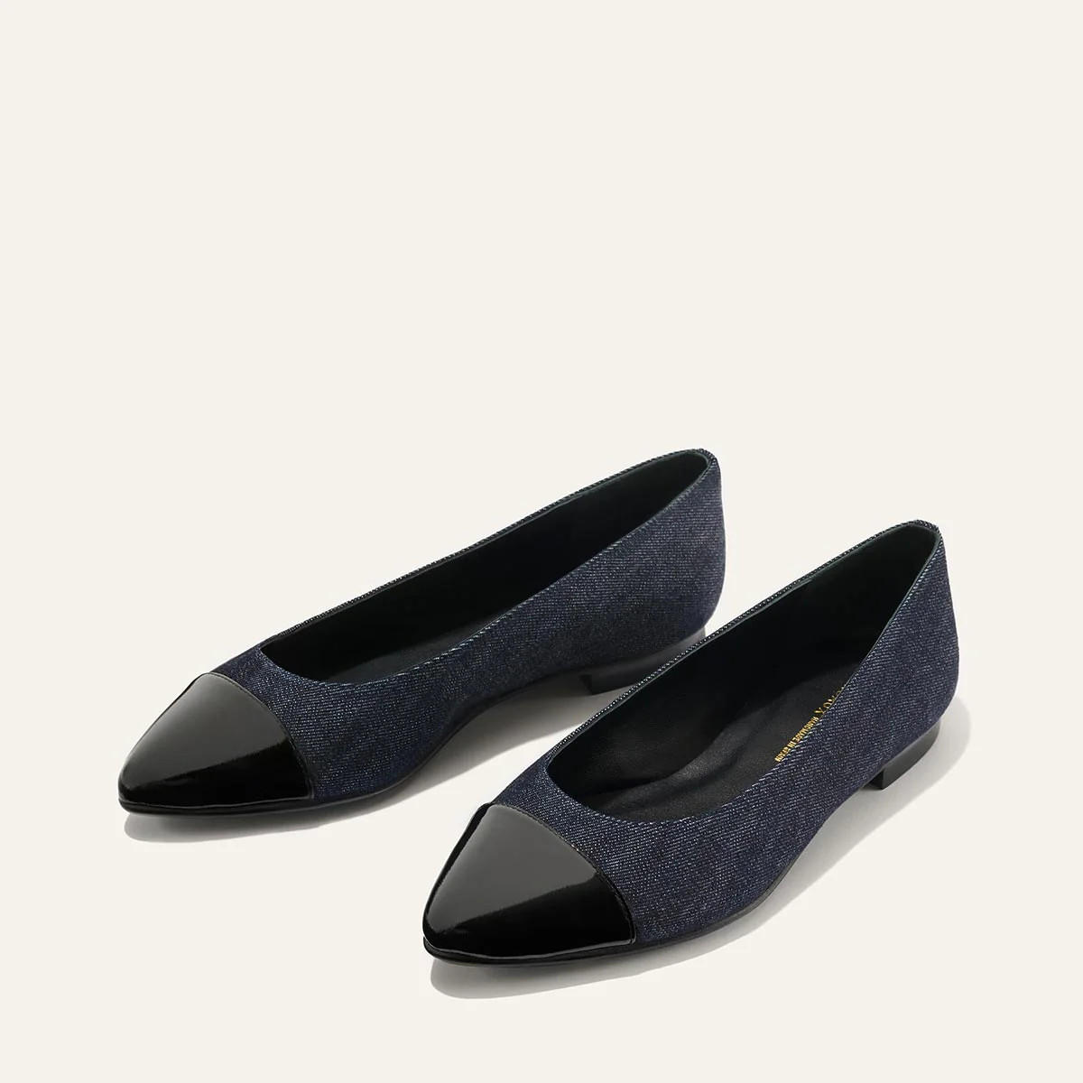 Pointed Toe Flats in Indigo Denim and Black Patent Leather | Margaux