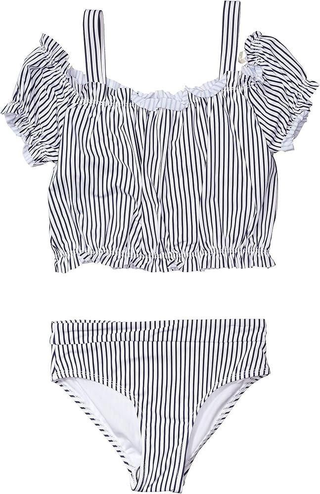 Girl's Off-The-Shoulder Two-Piece Swimsuit (Big Kids) Stripe 7-8 (Big Kids) | Amazon (US)