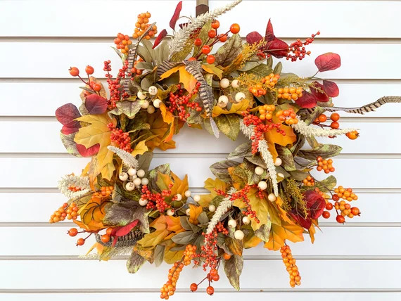 Fall Leaf and Berry Wreath Fall Wreath for Front Door Autumn - Etsy | Etsy (US)