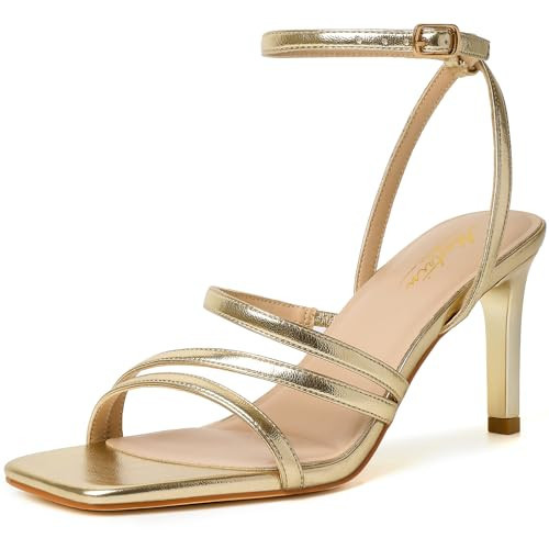 Mostrin Gold Strappy Heels for Women Ankle Strap Lace Up Square Open Toe Heels Sexy Stiletto High Heeled Sandals Size 10.5 | Amazon (US)