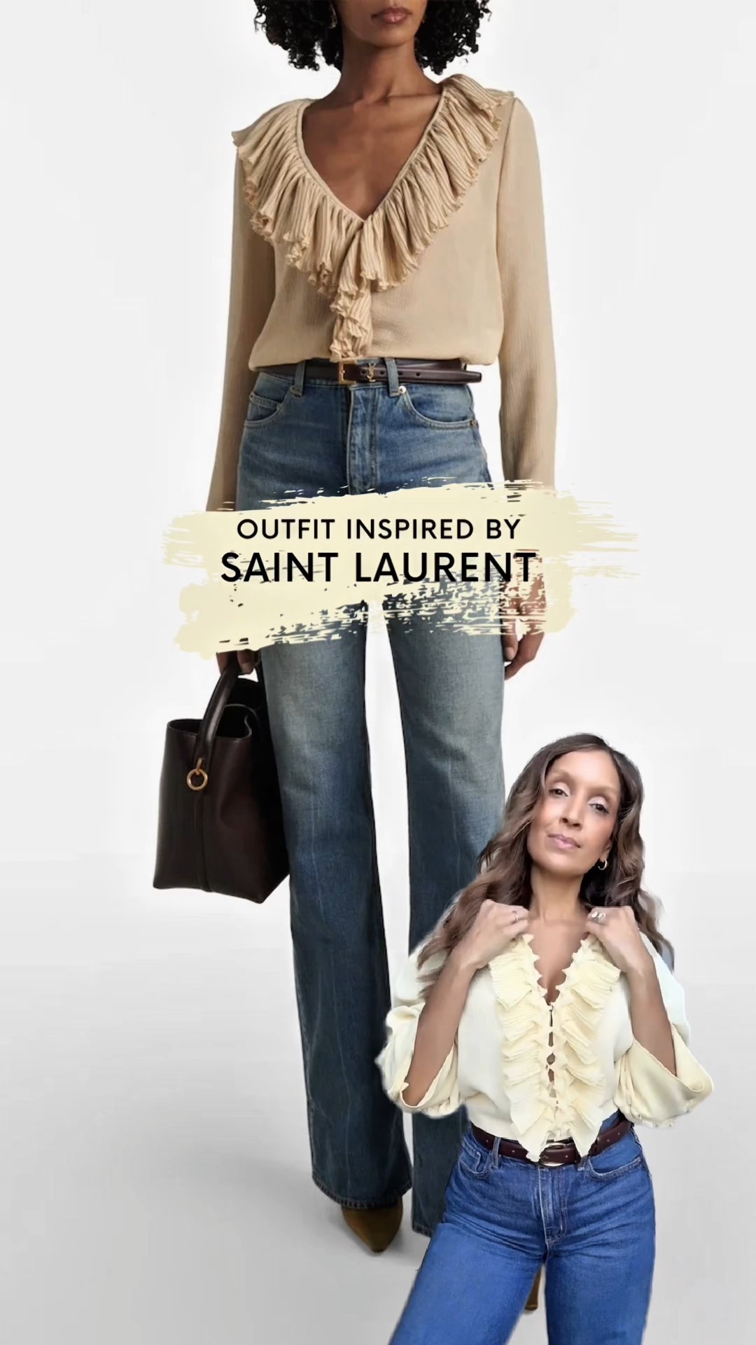 Outfit Inspired by SAINT LAURENT ✨👖
 Recreated this designer look for a fraction of the price— The ruffles, the flared denim, the effortless chic—same vibe, different budget. And yes, this outfit photographs like a dream 📸
 Because looking good in photos starts with the right outfit.

Both outfits linked here!

#SaintLaurentInspired #LookForLess #OutfitRecreation #PhotoReadyStyle #FlaredDenim #melphototips #FashionInspo #StyleHack #LTKfashion #PosingAndStyle

