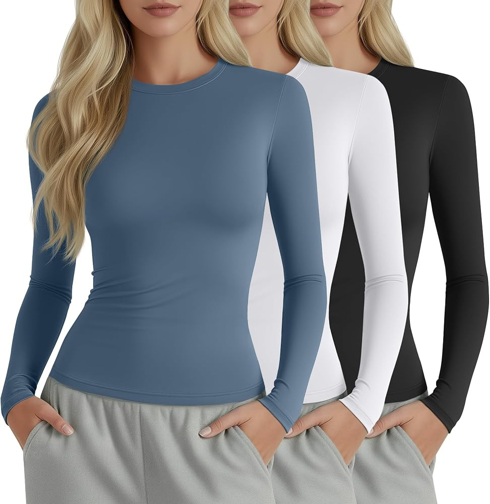 3 Pack Womens Compression Shirts Long Sleeve Crew Neck Tops Slim Fit Undershirts Workout Yoga Ath... | Amazon (US)