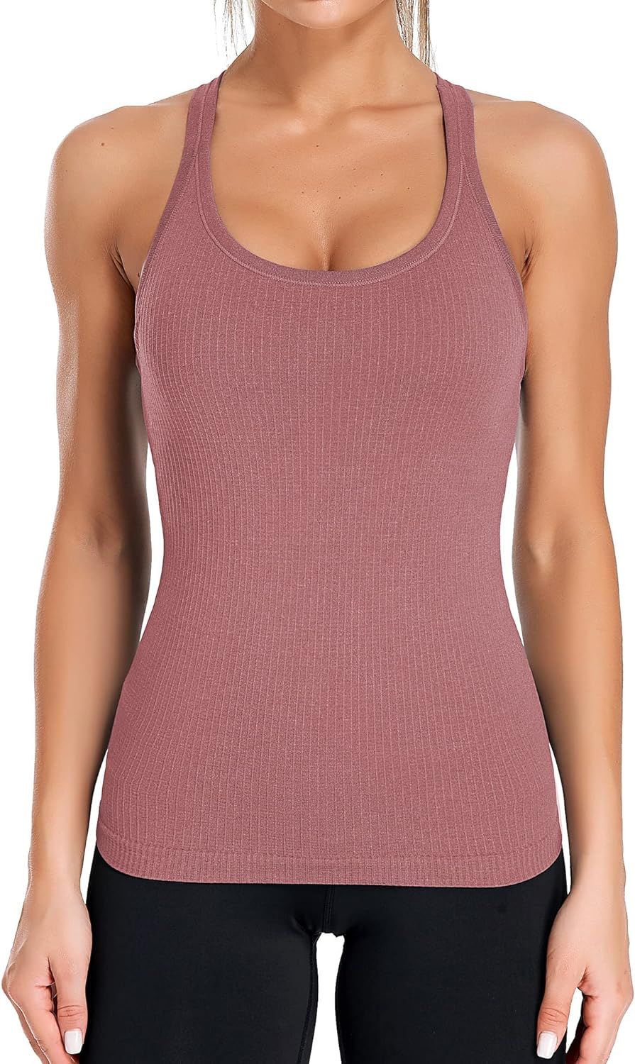 ATTRACO Ribbed Workout Tank Tops for Women with Built in Bra Tight Racerback Scoop Neck Athletic Top | Amazon (US)