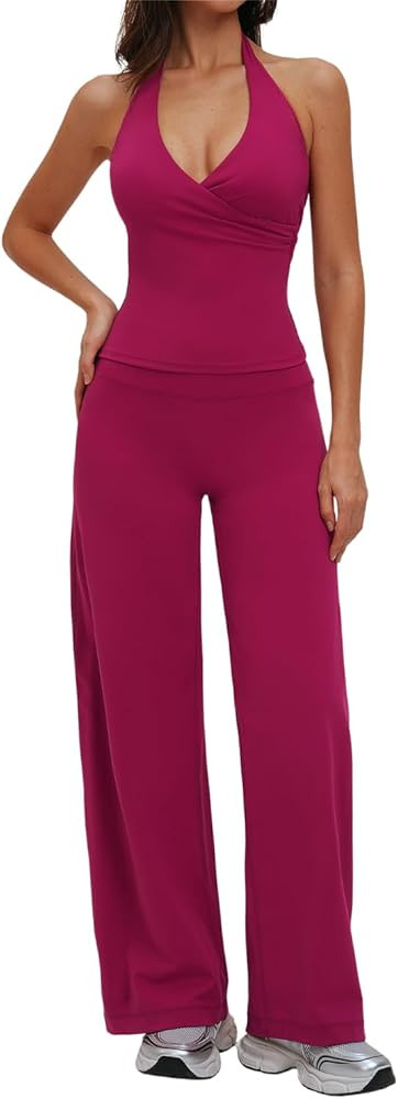 Meyeeka 2 Piece Workout Sets for Women Halter V Neck Padded Tank Tops Matching Straight Leg Yoga ... | Amazon (US)