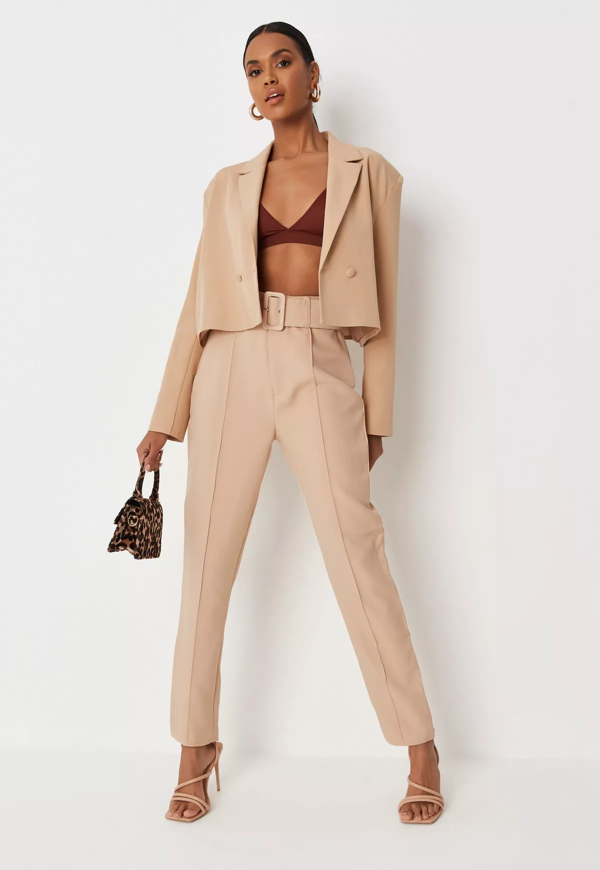 Missguided - Petite Stone Tailored Belted Cigarette Pants | Missguided (US & CA)
