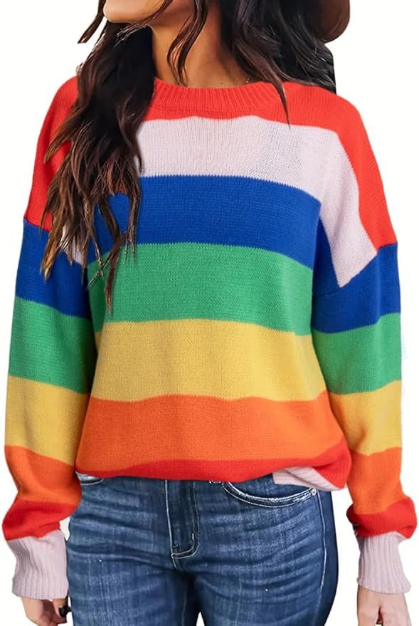 BLANCHES Women's Striped Sweaters 2023 Lightweight Sweaters Long Sleeve Crew Neck Color Block Cas... | Amazon (US)