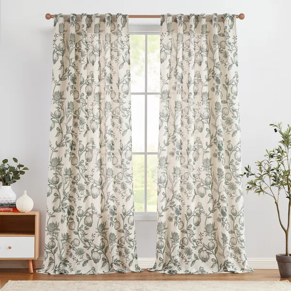 Artistic Block Print Linen Curtain Nature-Inspired, Mohini, Green | Wayfair North America