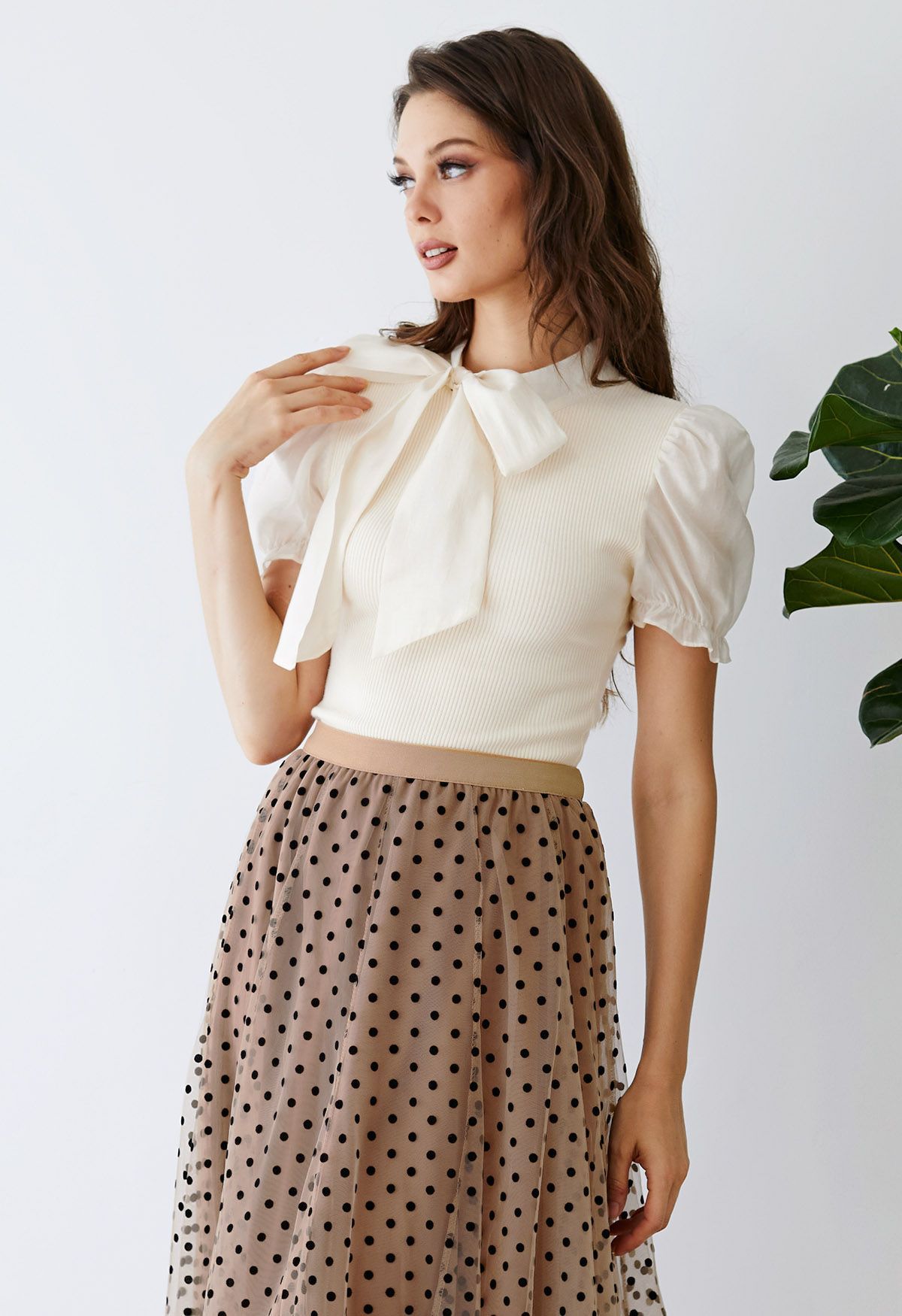 Short Sleeve Detachable Bowknot Spliced Knit Top in Cream | Chicwish