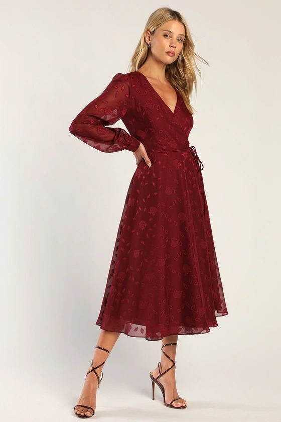 Evening of Elegance Burgundy Floral Jacquard Wrap Midi Dress | Lulus