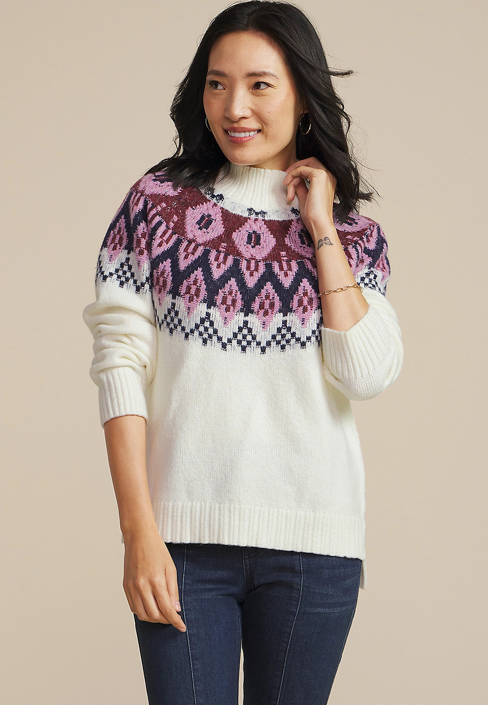 Abstract Fair Isle Mock Neck Sweater | Maurices