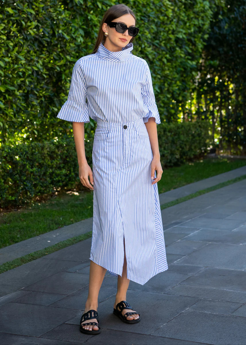 Kya Asymmetrical Hem Striped Midi Skirt - Light Blue | Benaar La