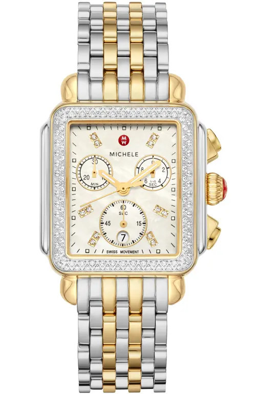 MICHELE Deco Diamond Chronograph Bracelet Watch, 33mm in Two-Tone. White Mop Dial at Nordstrom | Nordstrom