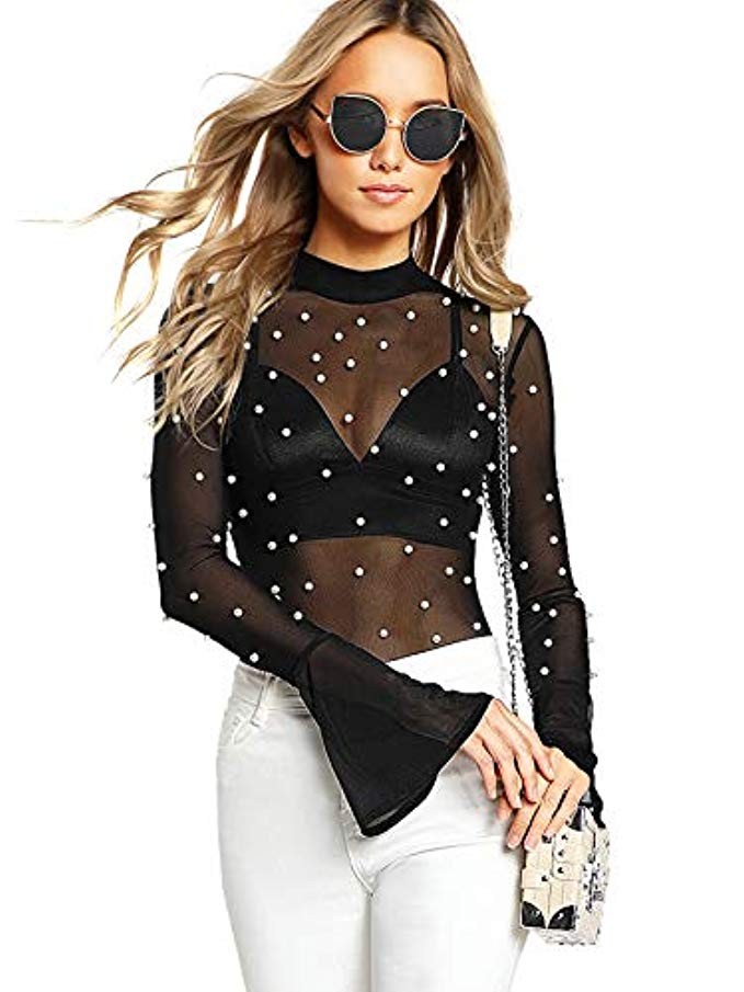 Verdusa Women's Plain Pearl Beaded Long Bell Sleeve Mesh Bodysuit | Amazon (US)
