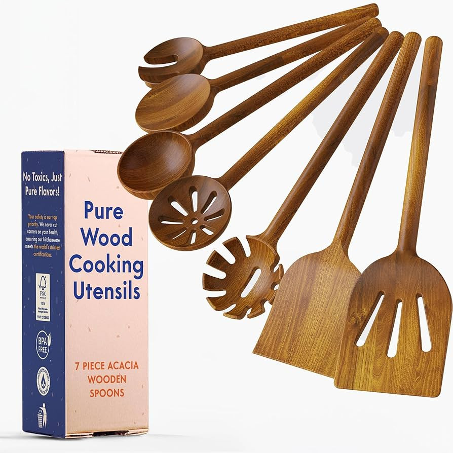 Non-Toxic Cooking Utensils – 7-Piece Kitchen Utensils Set, Glue-Free & One-Piece Wooden Spoons ... | Amazon (US)