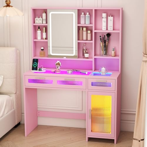 Hadulcet vanity desk with mirror and LED lights