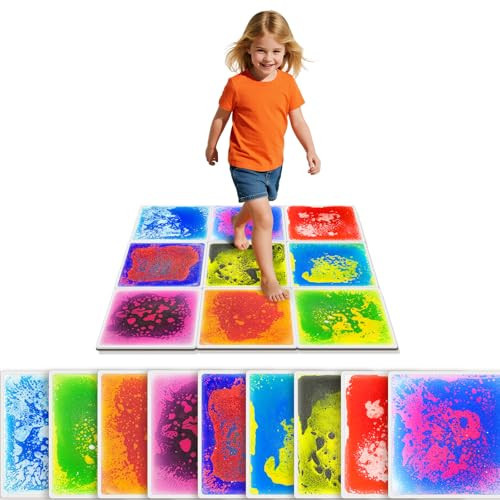 Liquid Sensory Floor Tiles for Kids Ages 3+, 12" Step-On Sensory Tiles with Non-Slip Base, Interactive Color-Flow, Assorted Colors, Classroom & Group Activity Set (9-Pack) | Amazon (US)
