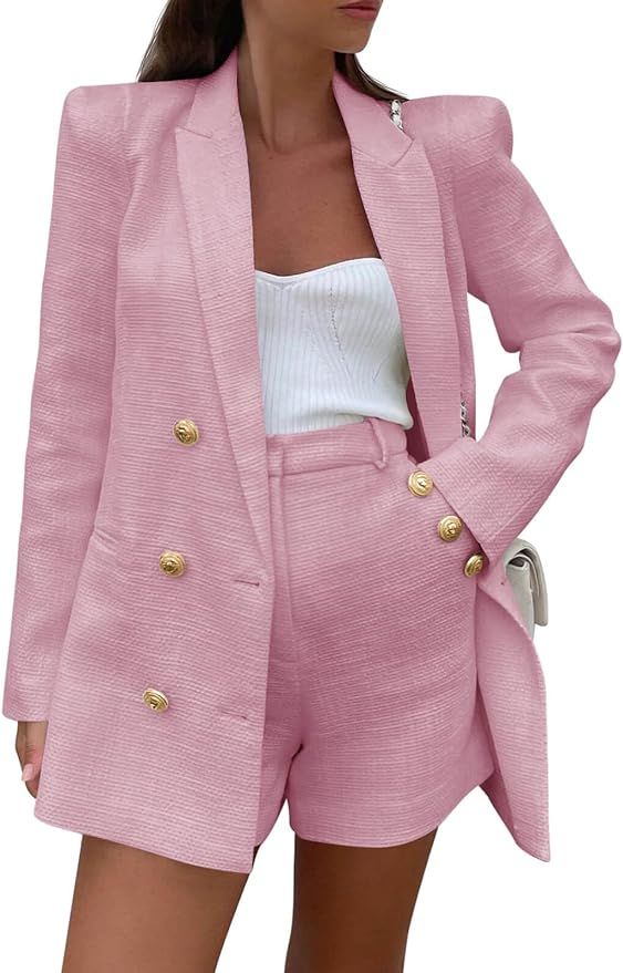 Cicy Bell Womens 2 Piece Tweed Blazer Shorts Sets Long Sleeve Double Breasted Suit Jackets Busine... | Amazon (US)