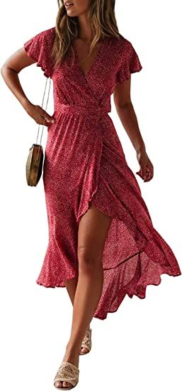 ZESICA Women's 2023 Bohemian Floral Printed Wrap V Neck Short Sleeve Split Beach Party Maxi Dress | Amazon (US)