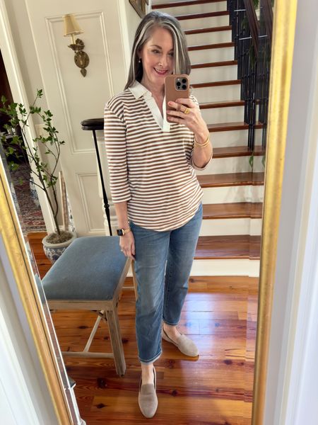 Warmer temps today call for this 3/4 sleeve striped polo from Lands End! Paired with my favorite Birdies flats in Latte and comfy jeans from Chico’s! Small in top, .5 in jeans and true to size 8 in flats. #landslend #chicos #casuallook #jeans #chicos #stripes 

#LTKshoecrush #LTKstyletip #LTKover40