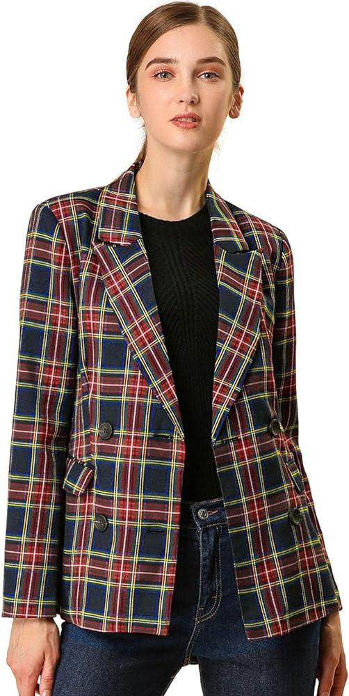 Allegra K Women's Notched Lapel Double Breasted Work Formal Blazer Jacket | Amazon (US)