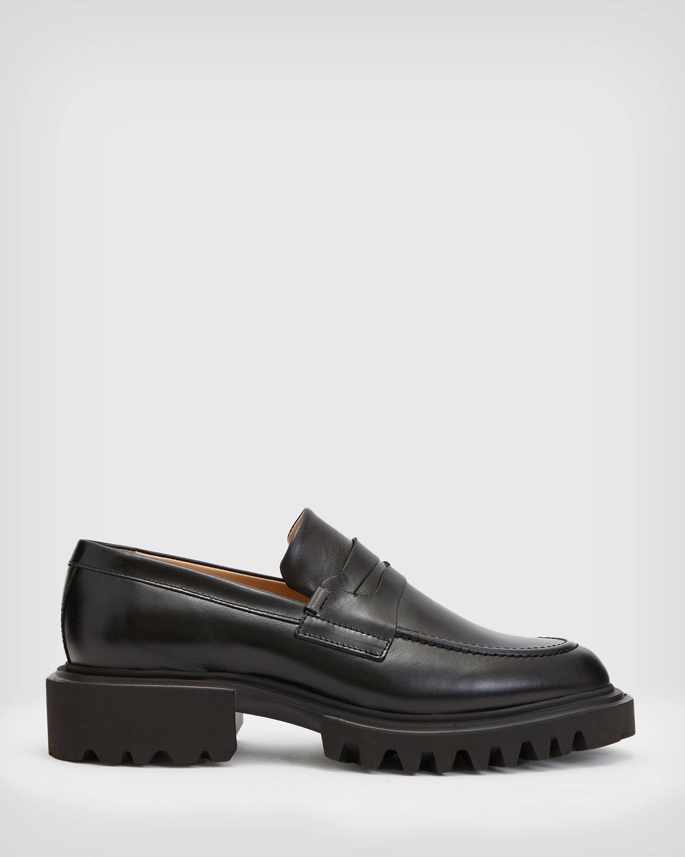 Lola Slip On Shiny Leather Loafer Shoes Black | ALLSAINTS | AllSaints UK