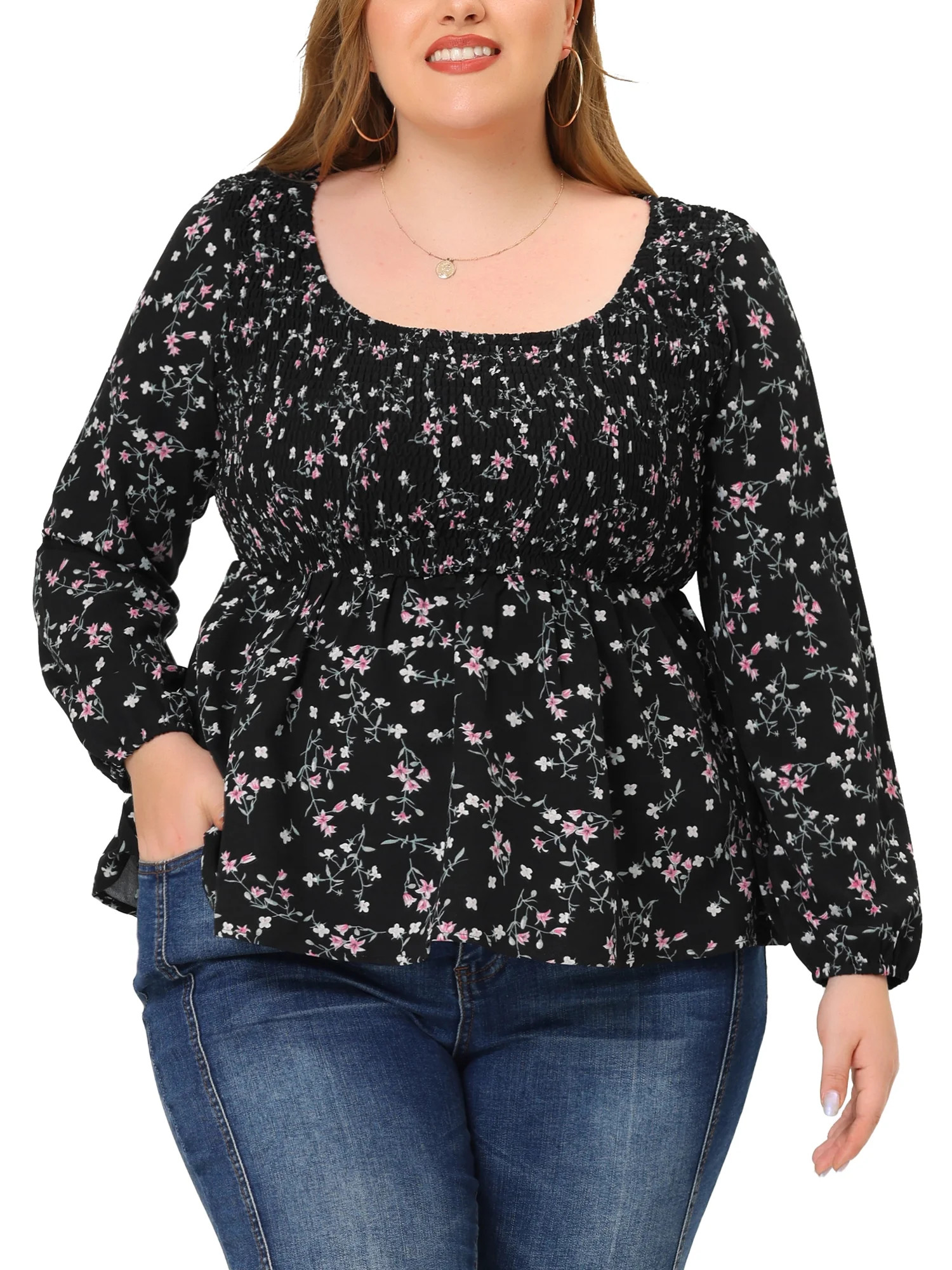 Agnes Orinda Women's Plus Size Square Neck Smock Waist Floral Peplum Blouse - Walmart.com | Walmart (US)