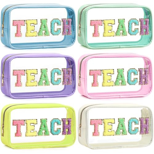 Kacctyen 6 Pcs Clear Teach Makeup Bags Bulk Teacher Appreciation Gifts Preppy Patch Makeup Bag with Zipper Teach Chenille Letter PVC & Nylon Waterproof Travel Toiletry Cosmetic Pouch for Women Gift | Amazon (US)