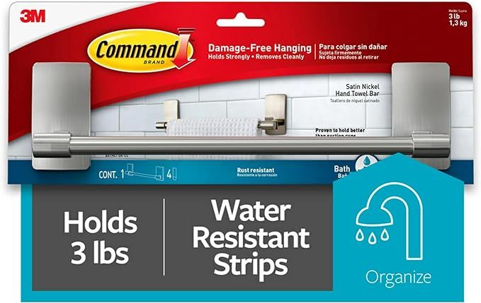 Command BATH41-SN-ES 3M 9" Holder Hand, Satin Nickel, 1-Towel Bar, 4-Water-Resistant Strips, Orga... | Amazon (US)