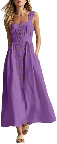 Women's Summer Linen Dresses Sleeveless Button Front Maxi Dress Square Neck A Line Gauze Sundress... | Amazon (US)