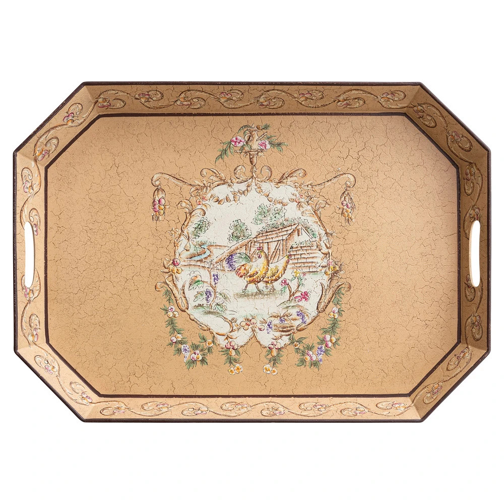 Gwynn Updated Traditional Beige Floral Aluminum Decorative Tray | Kathy Kuo Home