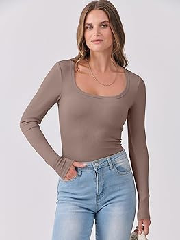 ANRABESS Womens Long Sleeve Shirts Scoop Neck Ribbed Knit Slim Fitted Tops Casual Basic Tee 2025 ... | Amazon (US)