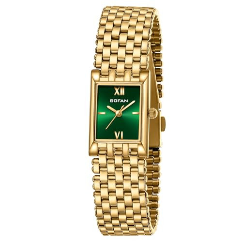 BOFAN Gold Watches for Women Luxury Ladies Quartz Wrist Watch with Stainless Steel Bracelet,Waterproof,Casual Fashion Square Green Dial.Band Adjustment Tool Included | Amazon (US)