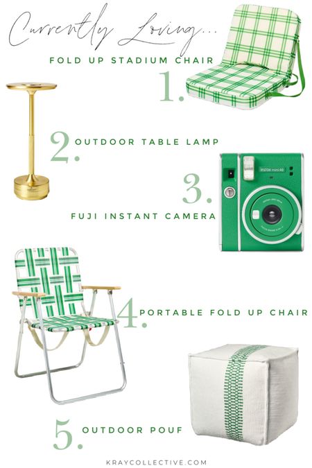 I’m obsessing over all things green.  This gold outdoor table lamp belongs at my house, and I’m loving this green plaid stadium gold up chair, An outdoor pour for additional seating  on your outdoor patio.

#PortableChairs #FoldUpChairs #StadiumSeat #OutdoorDecor #PatioDecor #Instantcamera #OutdoorLighting 

#LTKhome #LTKfindsunder50 #LTKSeasonal